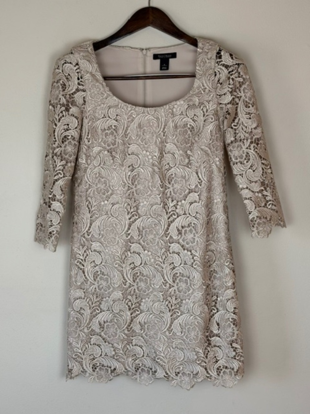 White House Black Market Beige Long Sleeve Lace Dress Sz 4 Feminine Cottagecore